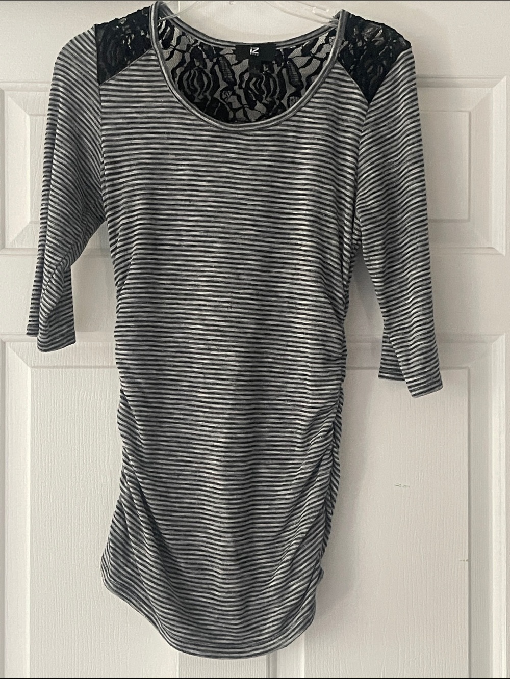 IZ Byer Striped Ruched Tunic with Lace Shoulders - Black & White Size L